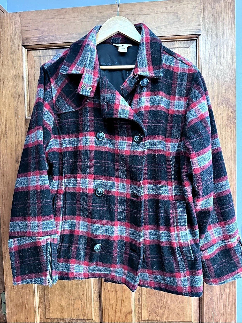 Woolrich Red Black Plaid Wool Blend Double Breasted Peacoat Double Breasted Vint